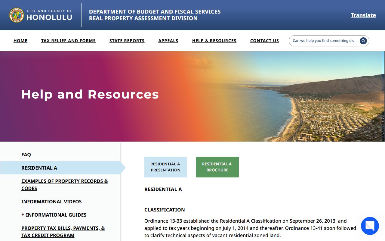 Honolulu County RPAD Residential A property tax classification information for Urban Honolulu