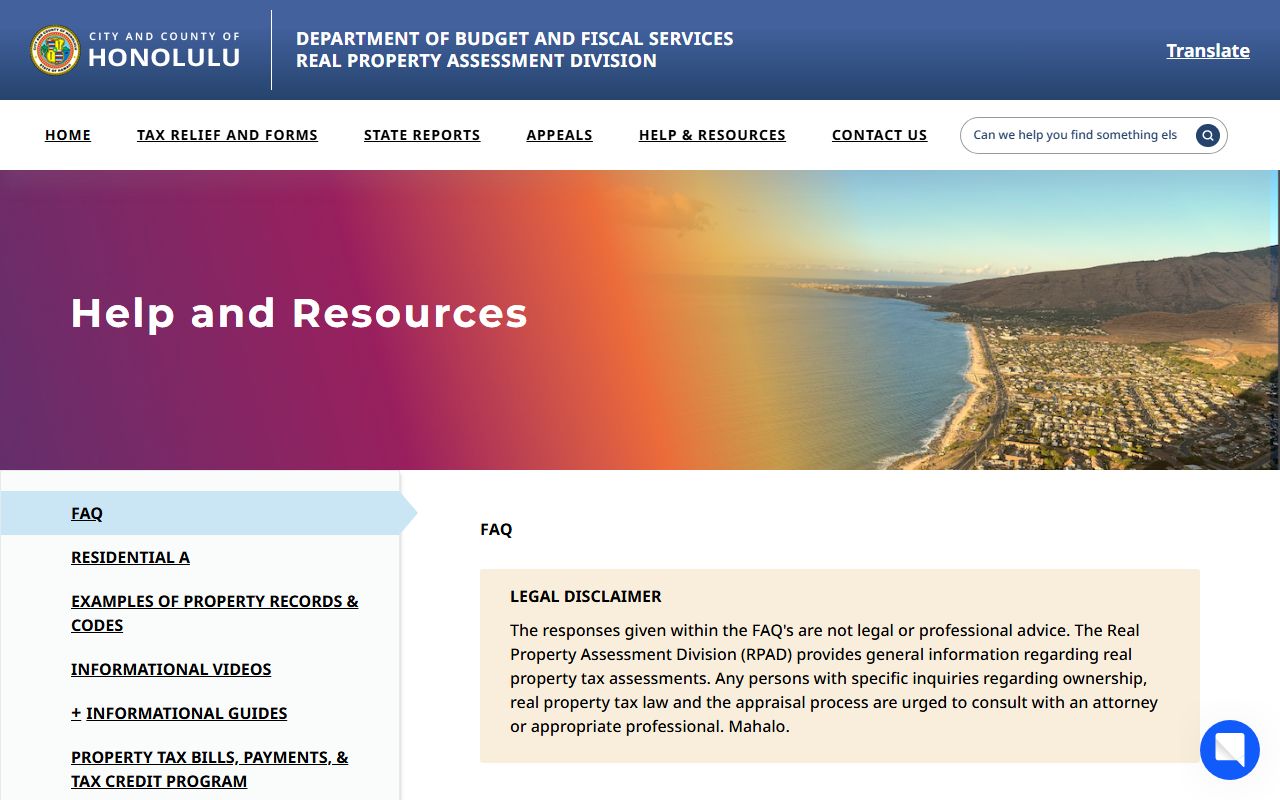 Honolulu County RPAD FAQ and important dates page