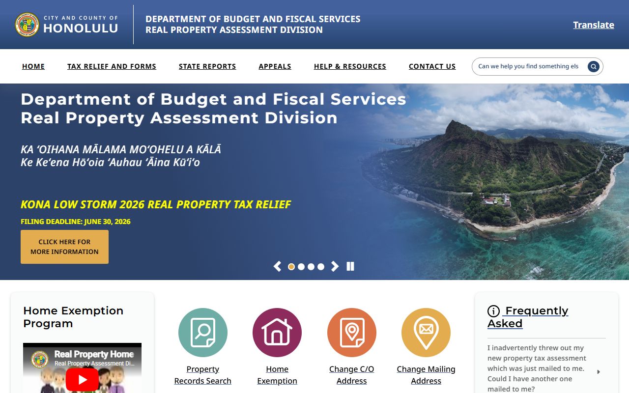 Honolulu County Real Property Assessment Division main portal used for Urban Honolulu property tax searches