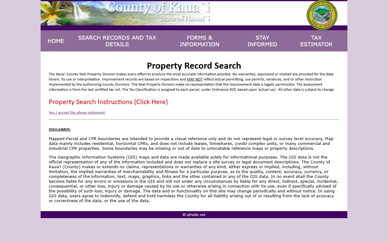 Kauai County property search portal on qPublic platform