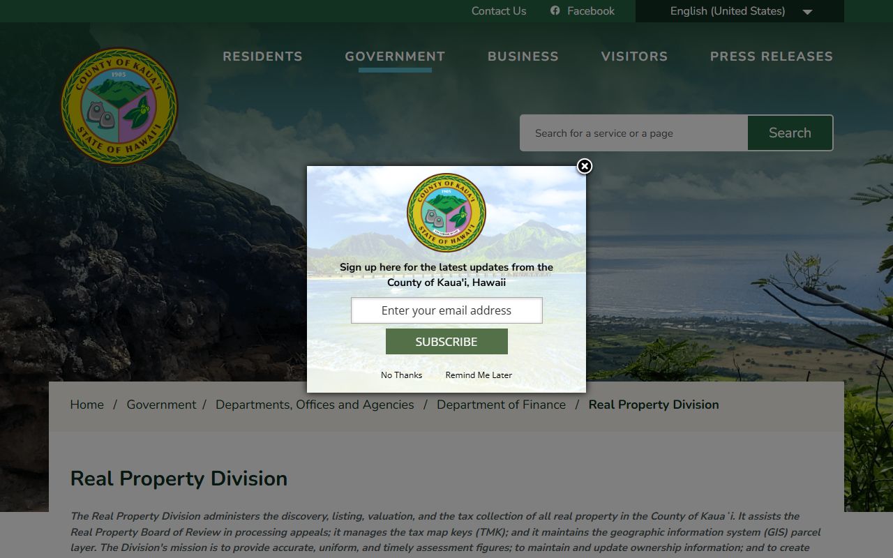 Kauai County Real Property Tax Division main website page